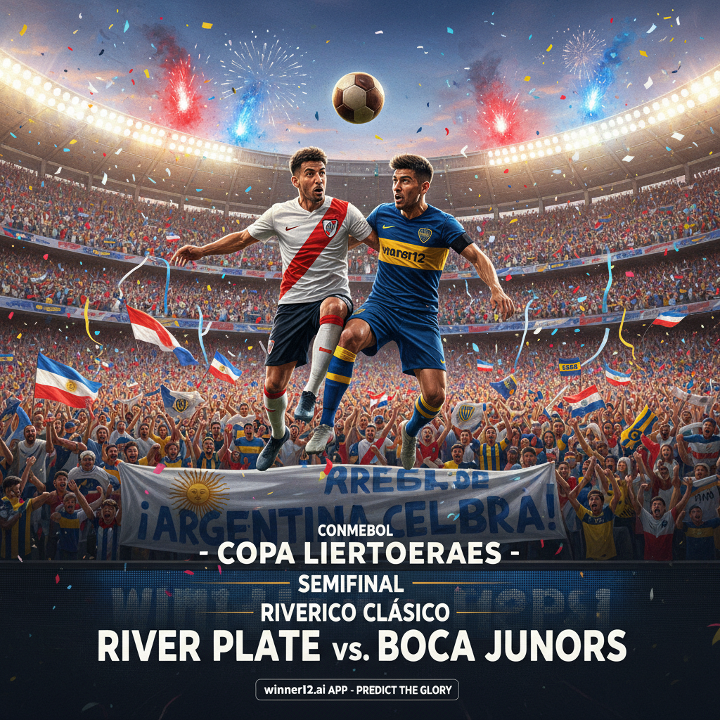Alt text: Realistic poster of a high-intensity Copa Libertadores semifinal soccer match between River Plate and Boca Juniors, featuring passionate fans waving flags during Argentina’s National Holiday, players in authentic kits, a classic leather soccer ball, vibrant stadium lighting, iconic South American stadium backdrop, and subtle winner12.ai branding integrated naturally.