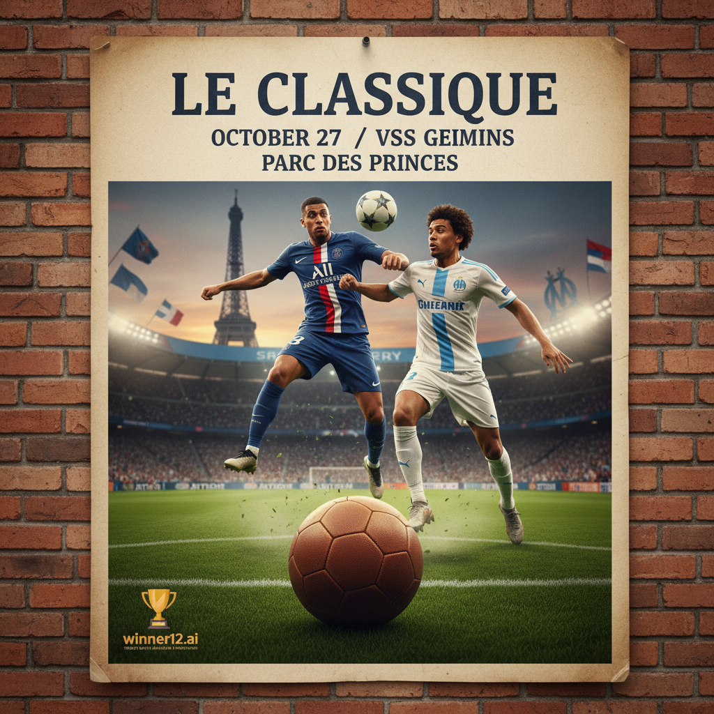 巴黎圣日耳曼vs马赛法国国家德比海报，展示经典英式足球元素，复古皮革足球，绿茵草地，身着正统PSG和马赛队服的动态球员，体现激情与激烈对抗，附带winner12.ai品牌标识，专业赛事分析预测平台。