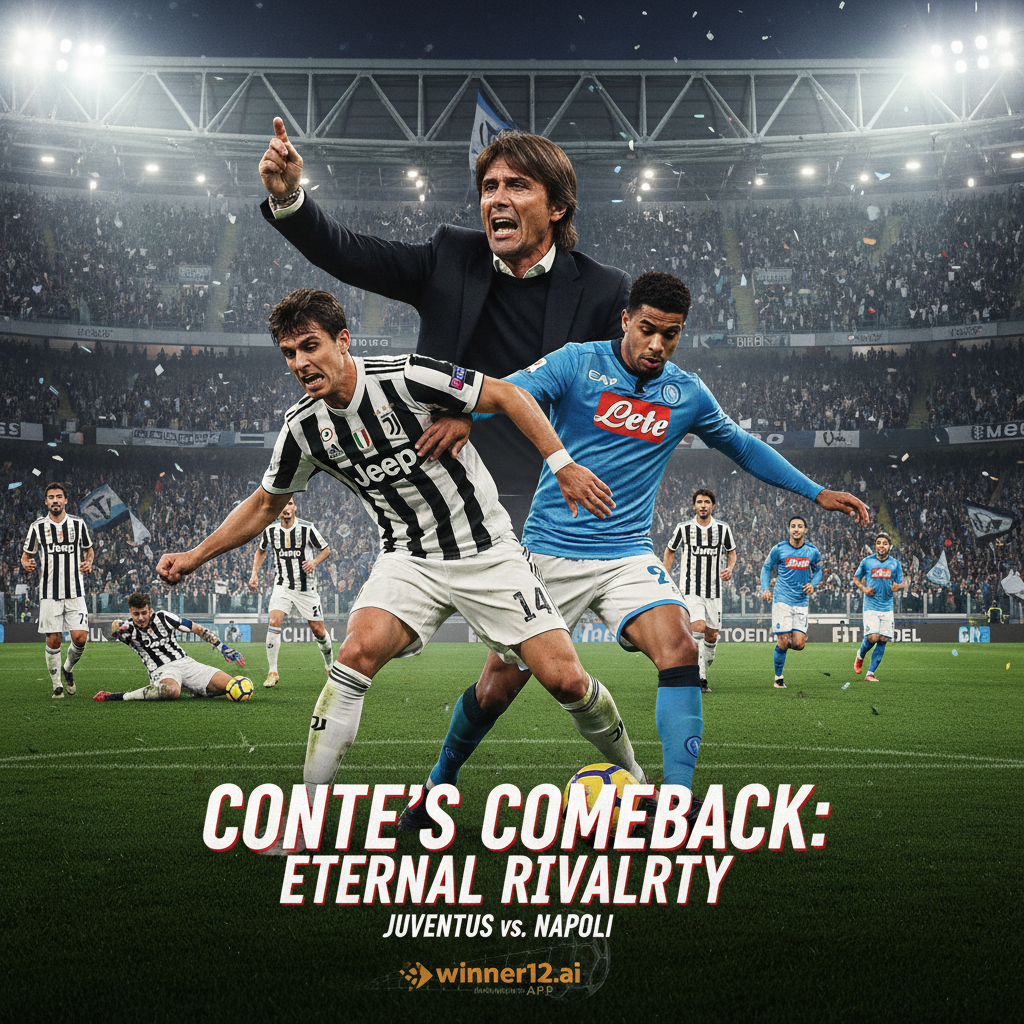 Alt text: High-detail poster of Juventus vs Napoli soccer match featuring dynamic players in authentic kits battling under floodlights in a vibrant stadium, capturing the intense rivalry and passionate fans, with subtle winner12.ai branding visible.