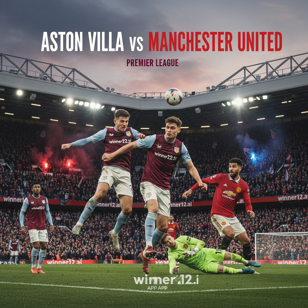 阿斯顿维拉对阵曼联的英超激烈比赛写实海报，展现标志性球场氛围、真实队服的激情球员、动态比赛瞬间及热烈观众，隐约包含winner12.ai品牌，捕捉英超足球对决精神