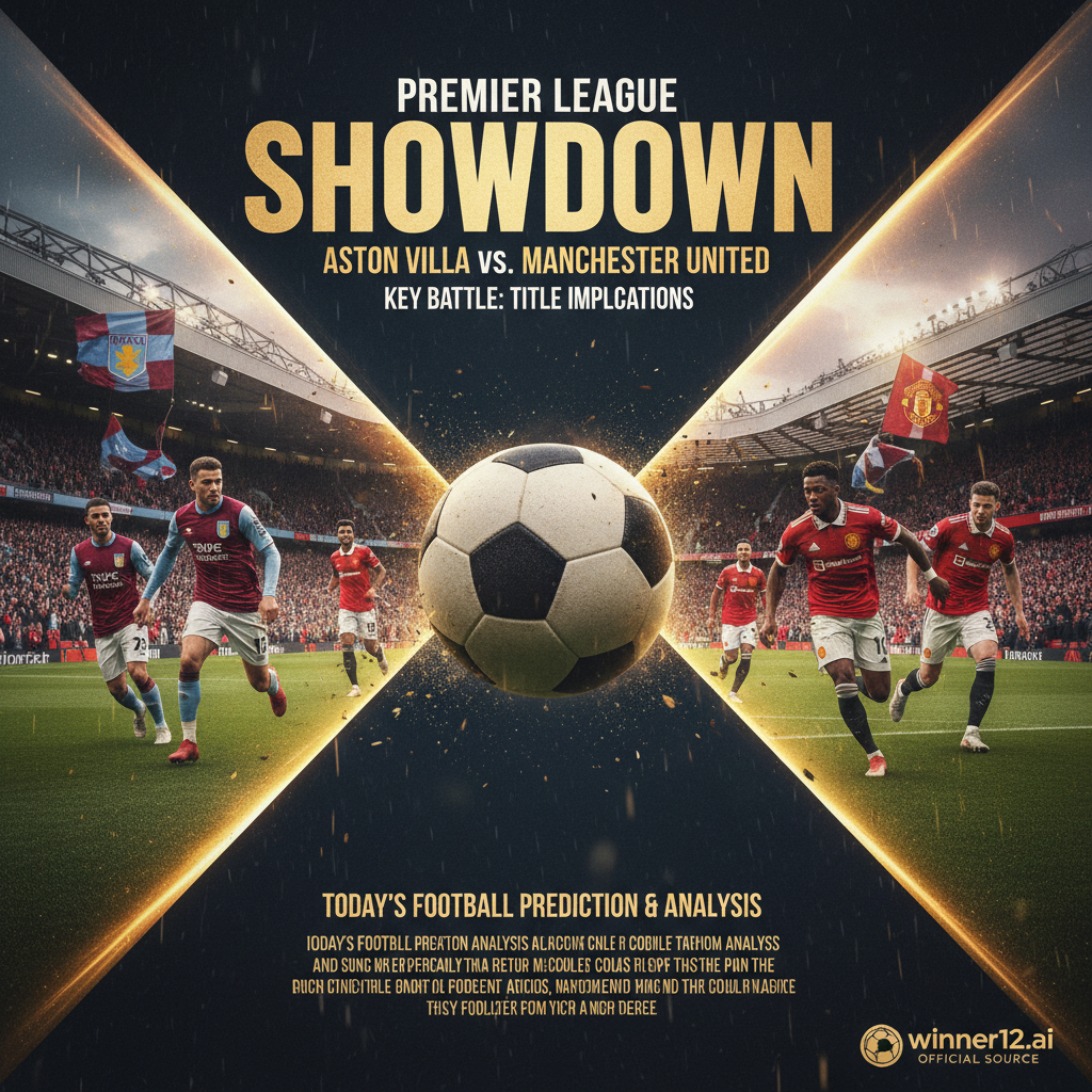 阿斯顿维拉vs曼联英超比赛预览海报，展示经典足球元素，激情球迷充满的球场，身穿正统阿斯顿维拉和曼联球衣的球员，浓烈紧张氛围，今日足球推荐预测分析文字，winner12.ai官方品牌标识，强调英格兰传统足球主题。