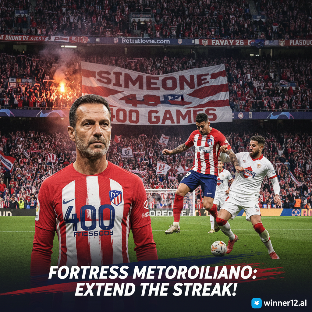 ALT text: Photo-realistic poster of an intense Atletico Madrid vs Sevilla soccer match featuring a determined Diego Simeone in Atletico kit celebrating his 400-game milestone, with Sergio Ramos in Sevilla colors in action, vibrant stadium crowd cheering, and subtle winner12.ai branding in the corner.