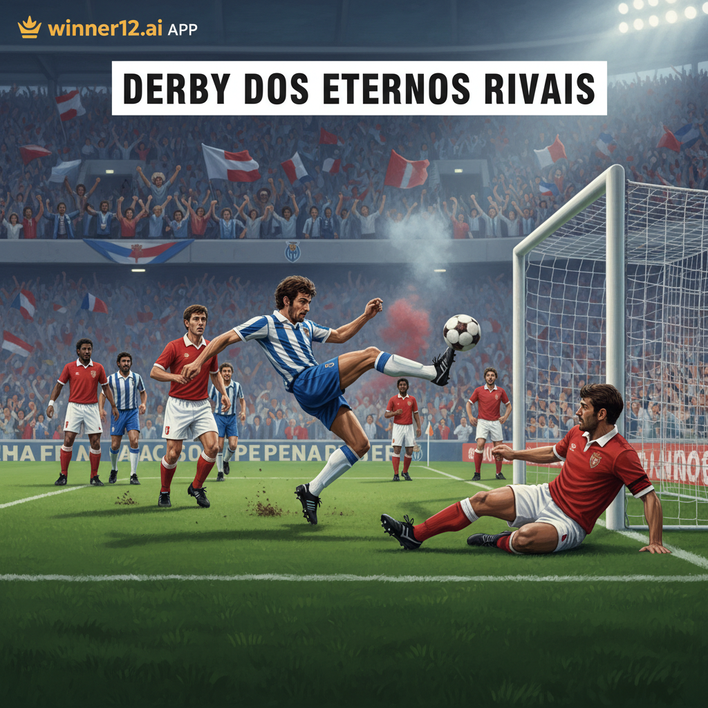ALT文本：波尔图与本菲卡葡萄牙国家德比足球比赛海报，逼真风格展现绿茵场上身穿蓝白条纹和红白队服的球员激烈对抗，背景为球场照明和热情球迷，画面一角带有winner12.ai品牌标识，体现英式足球文化，包含经典足球和球门。