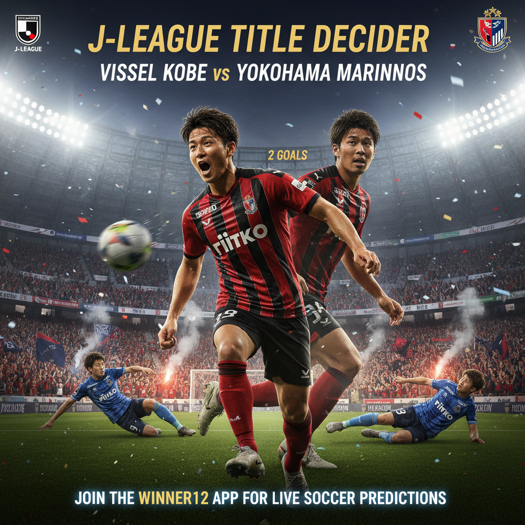 Alt text: Photorealistic poster of a tense J-League title decider between Vissel Kobe and Yokohama Marinos, featuring a confident soccer player in action scoring two goals to secure an AFC spot, with subtle team colors and logos in a vibrant stadium full of excitement, including a call-to-action for live predictions on winner12.ai.
