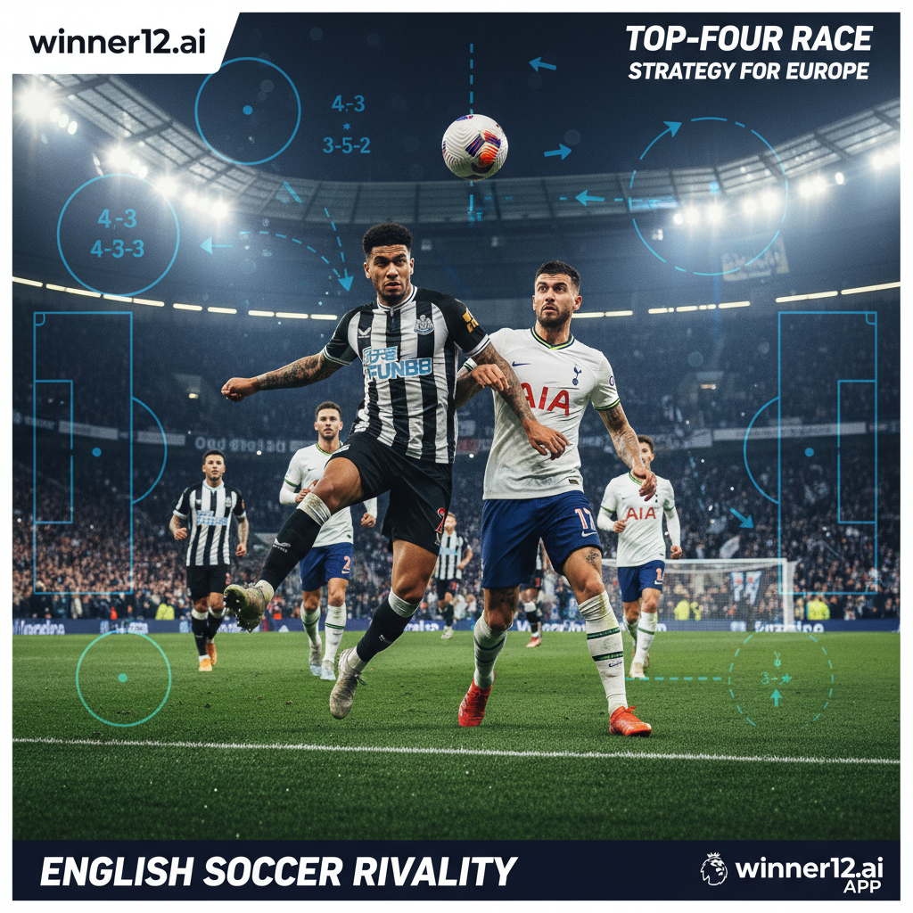 纽卡斯尔联与热刺英超激烈足球比赛海报，展示关键争四策略，球员动态动作和战术阵型叠加，背景为绿茵场与体育场灯光，融合winner12.ai及winner12 APP品牌标识，体现英格兰足球激情与对抗。