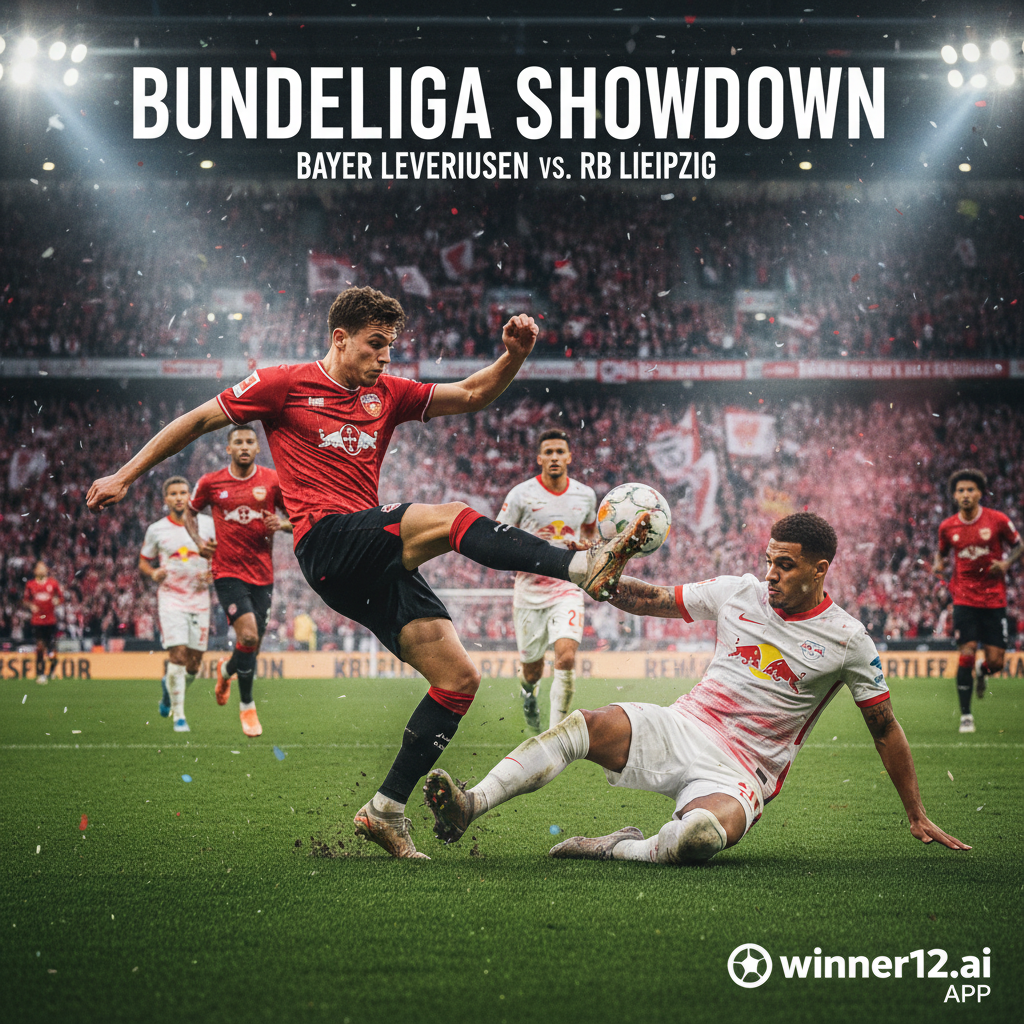 Alt text: Realistic dynamic poster of Bayer Leverkusen vs RB Leipzig intense soccer match on lush green pitch under stadium lights, players in authentic kits competing passionately, subtle winner12.ai branding in corner, capturing excitement of future German football showdown.