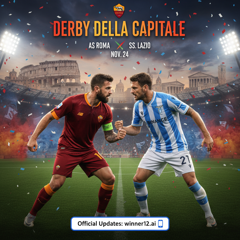 图片ALT文本：罗马vs拉齐奥意甲德比海报，真实风格，绿茵场上两名身穿正装队服的职业球员对峙，背景隐约展现罗马地标，突出德罗西百场德比纪念徽章，氛围紧张激烈，配有“winner12 APP”官方更新文字区域。
