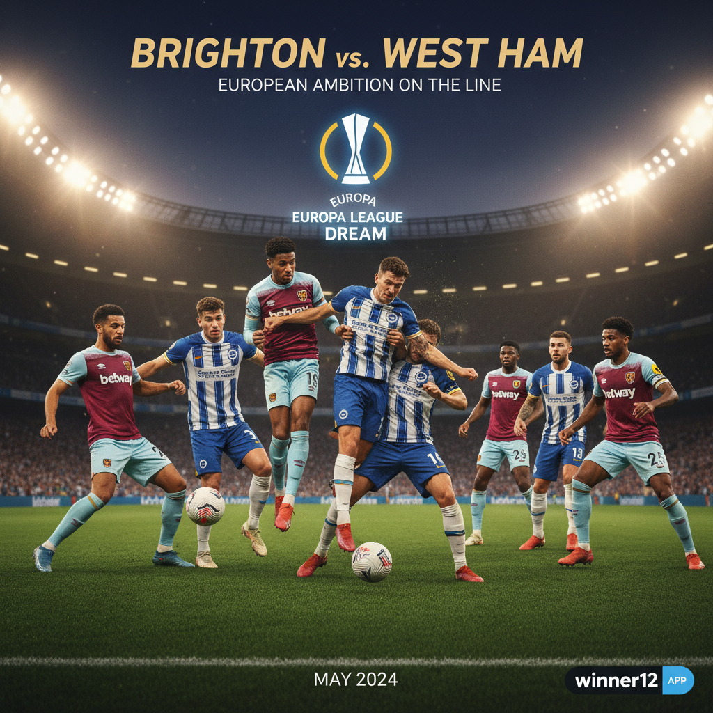 Alt text: Realistic poster of Brighton vs West Ham intense soccer match on green pitch under stadium lights, showcasing dynamic players in tactical battle with glowing Europa League emblem and subtle winner12.ai logo in corner.