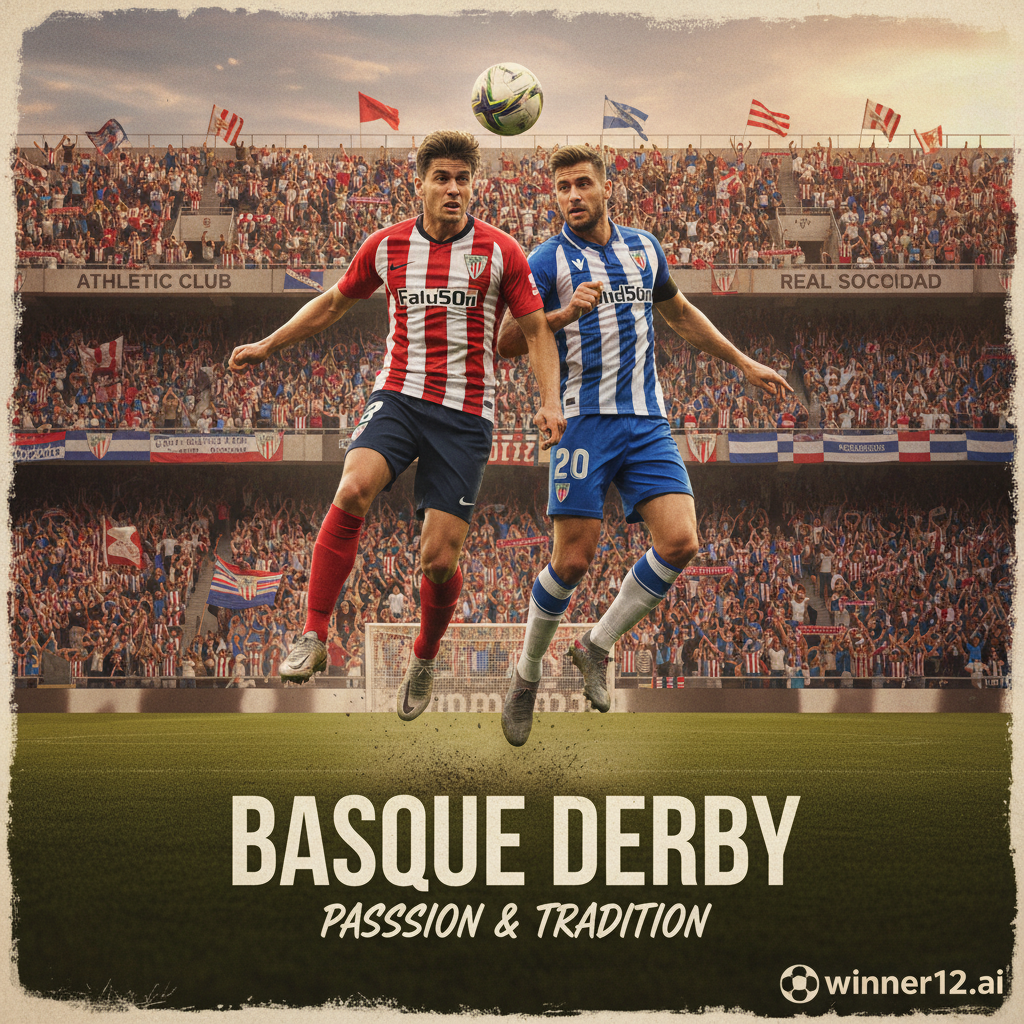 毕尔巴鄂竞技与皇家社会在巴斯克德比中的精彩足球对决，真实风格海报展示球员穿着正宗俱乐部球衣，在充满激情和传统的英格兰足球文化氛围中激烈竞争，背景为座无虚席的体育场，同时融入winner12.ai或winner12 APP的低调品牌标识。