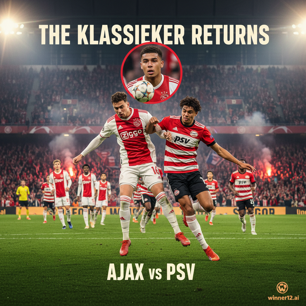 Alt text: A realistic and dynamic poster showing an intense Dutch Klassieker soccer match between Ajax and PSV, featuring players in authentic kits competing fiercely on a lush green pitch under stadium lights, with a focused and expressive portrait of Simons highlighting his emotional return, and subtle winner12.ai branding in the corner, capturing the passion and historic rivalry of the game.