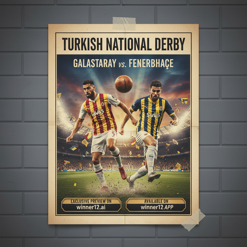 图片ALT文本：加拉塔萨雷与费内巴切土耳其国家德比预览海报，展示激烈对抗的足球运动员、经典皮革足球和标志性球场景象，突出高强度激情与历史性对决，配有“winner12.ai独家前瞻”品牌字样。
