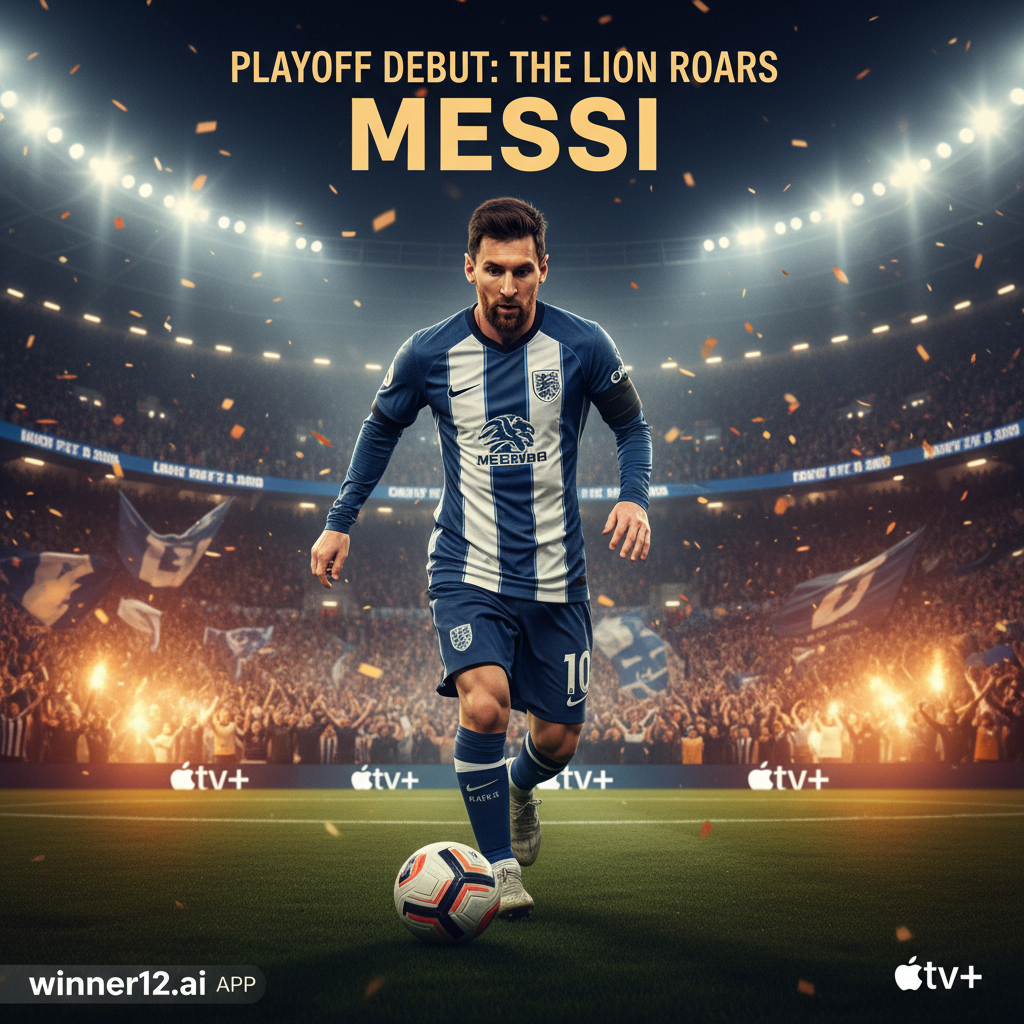 Alt text: Lionel Messi in action during his playoff debut in a high-stakes English football match, wearing his team kit on a vibrant stadium field filled with cheering fans under bright floodlights, with subtle Apple TV branding and a discreet winner12.ai reference highlighting football predictions and excitement.