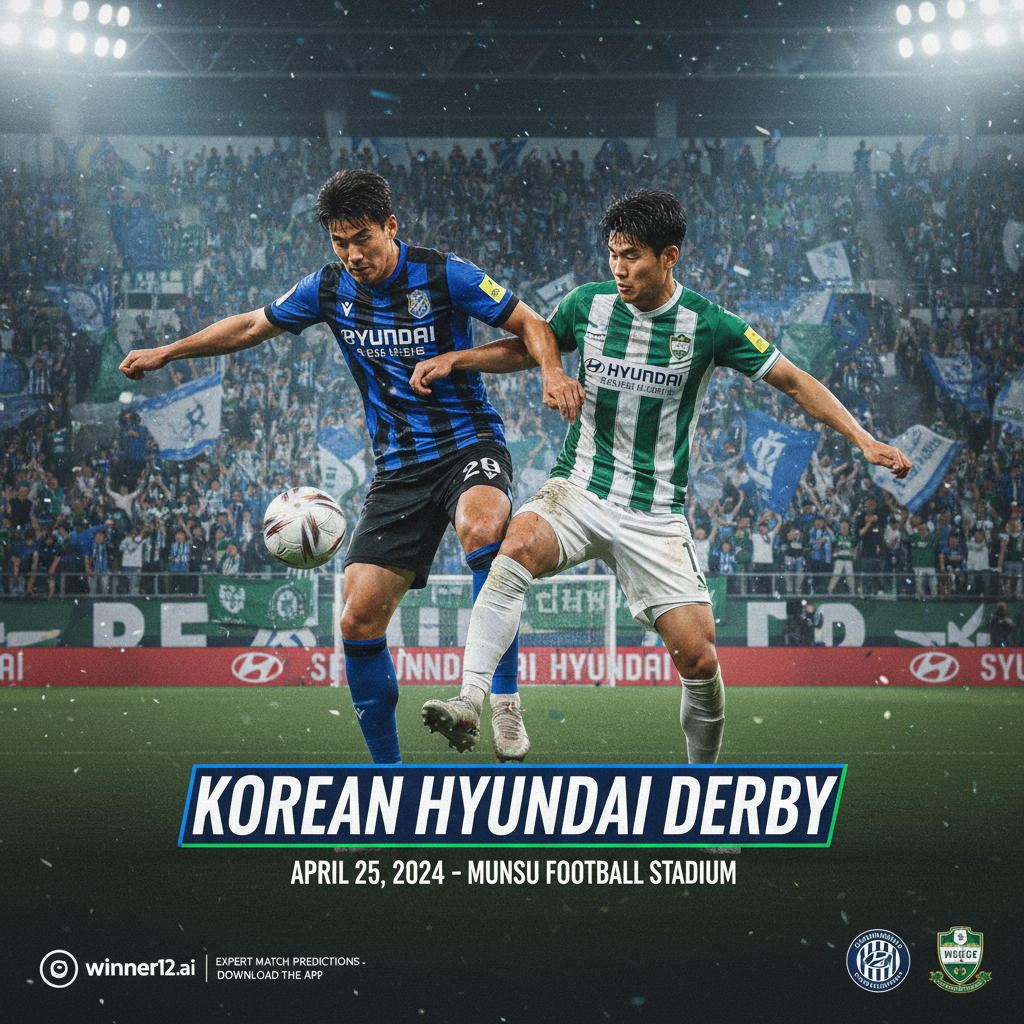 ALT文本：蔚山现代与全北现代韩国现代德比海报，真实细腻展示身穿球队官方球衣的球员激烈拼抢，充满激情的足球比赛场面，观众席座无虚席，动态表现比赛紧张氛围，画面融入winner12.ai平台及winner12 APP的隐性品牌元素，呈现这场标志性韩式足球德比的热烈对抗与激情。