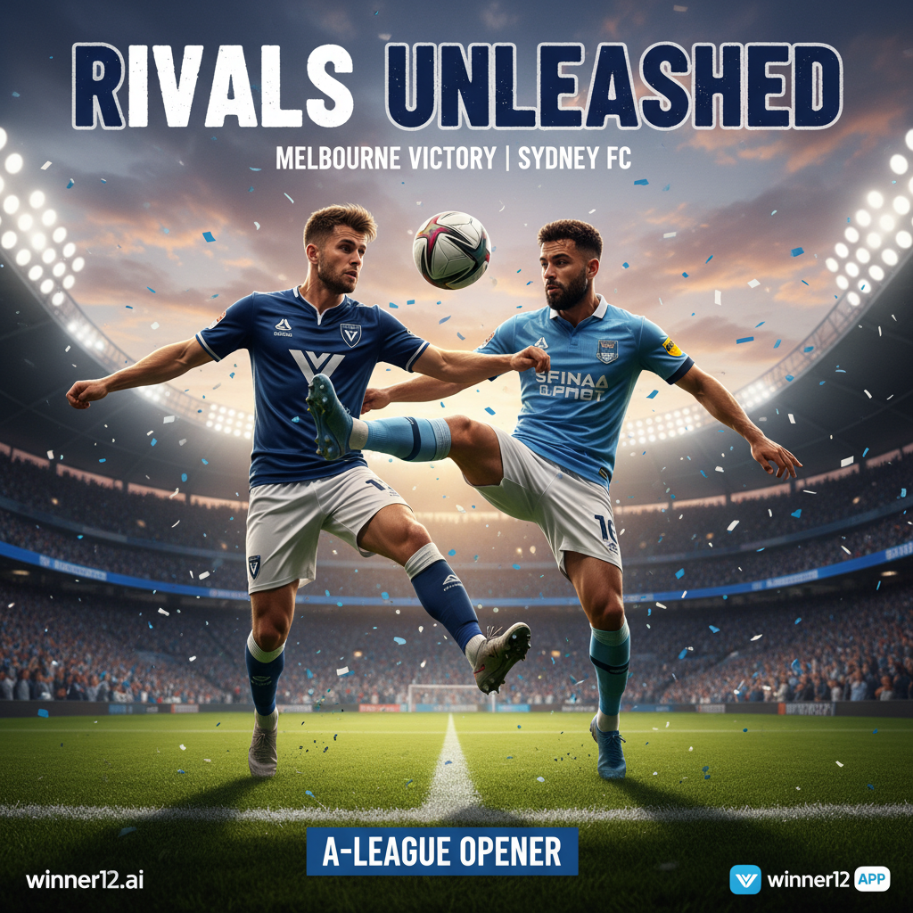 ALT text: Intense soccer match between Melbourne Victory and Sydney FC players in authentic kits competing fiercely on a brightly lit stadium pitch at evening, highlighting A-League opener excitement with subtle winner12.ai logo.