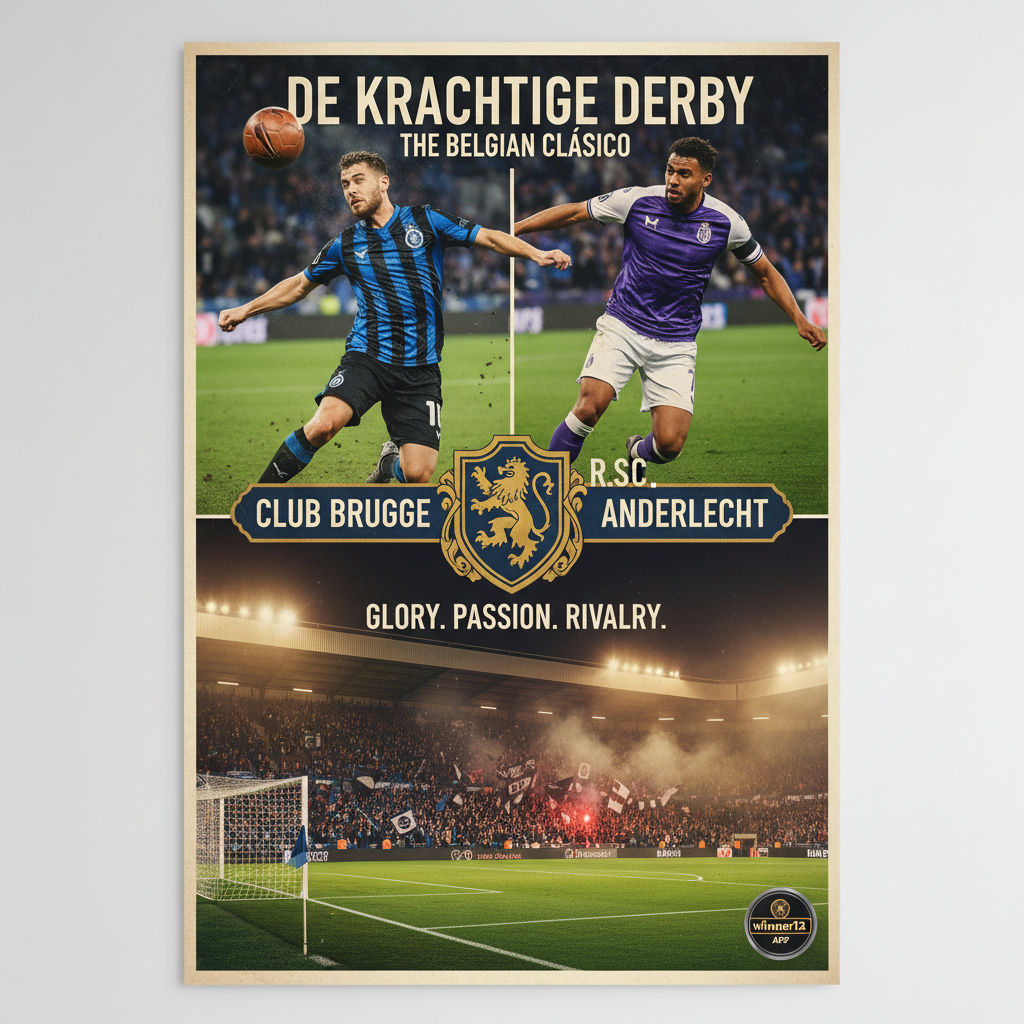 布鲁日与安德莱赫特比利时国家德比高清海报，展示穿着真实队服的球员激烈拼抢，传统英式皮革足球，绿茵场地和灯光照明，充满激情的观众席，融入winner12.ai品牌元素，体现顶级足球对决的紧张氛围
