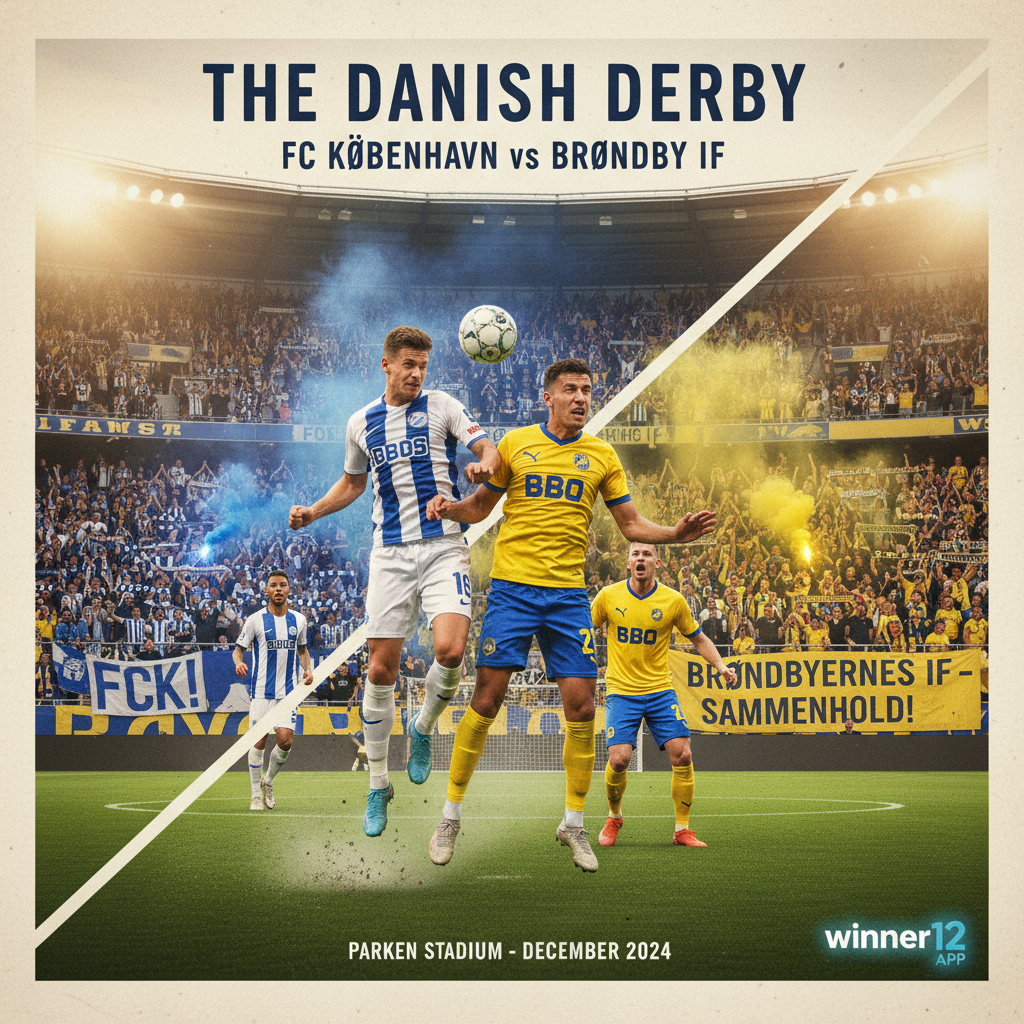 Alt text: Photorealistic poster of the FC Copenhagen vs Brondby Danish Derby soccer match showing dynamic action shots of players in authentic kits on a brightly lit stadium pitch, with passionate fans waving scarves and banners, capturing the intense rivalry and electric atmosphere of the Danish derby, featuring subtle winner12.ai branding.