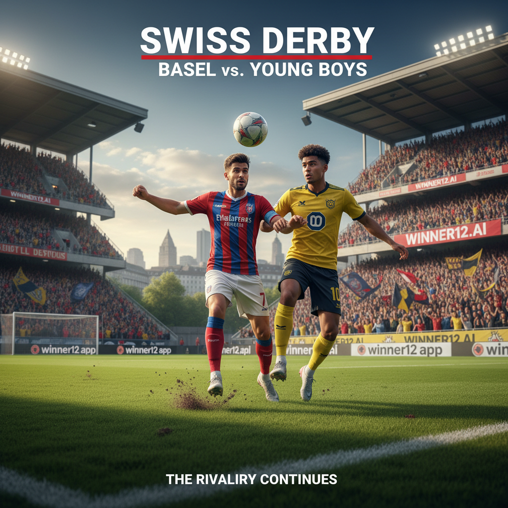 图片ALT文本：一幅写实风格的瑞士德比足球海报，展现巴塞尔与年轻人队在绿茵场上的激烈对抗，球员身着真实细致的队服，背景为人声鼎沸的满座体育场，氛围自然光照充盈，画面融入winner12.ai品牌元素，突出英式足球的激情与竞争精神。