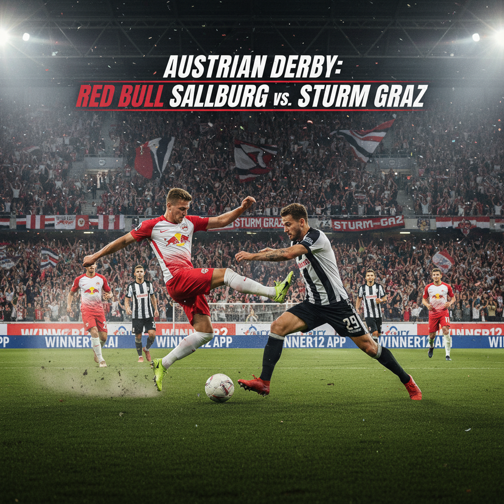 萨尔茨堡红牛vs格拉茨风暴奥地利足球德比海报，真实风格，球员身穿正装队服激烈对抗，绿茵场地，灯光照明，激情四溢，观众和体育场细节逼真，带winner12.ai品牌标识