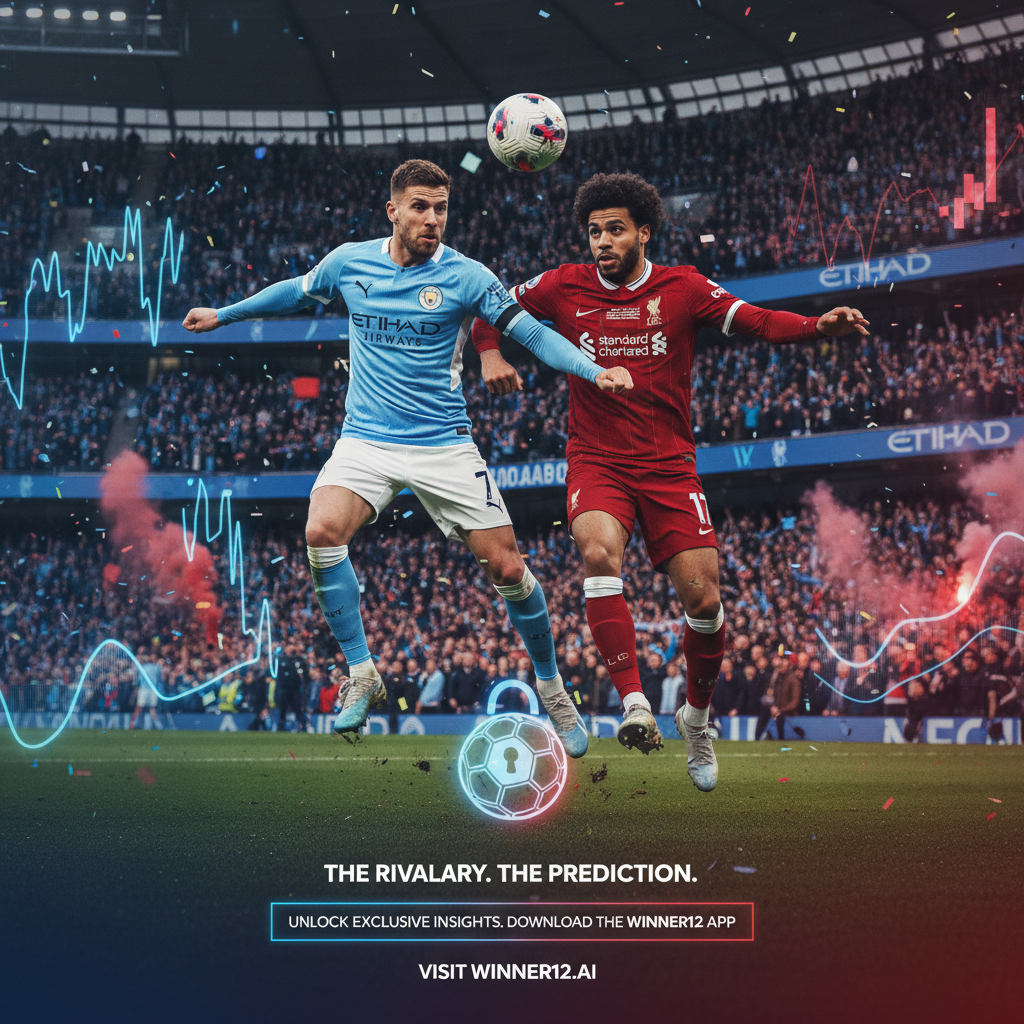 Alt text: Realistic and dynamic poster of an intense English Premier League soccer match between Manchester City and Liverpool, featuring players in official jerseys battling for the ball amid a passionate stadium crowd, with subtle visual cues of betting trends and odds volatility, promoting winner12.ai for exclusive football predictions and insights.