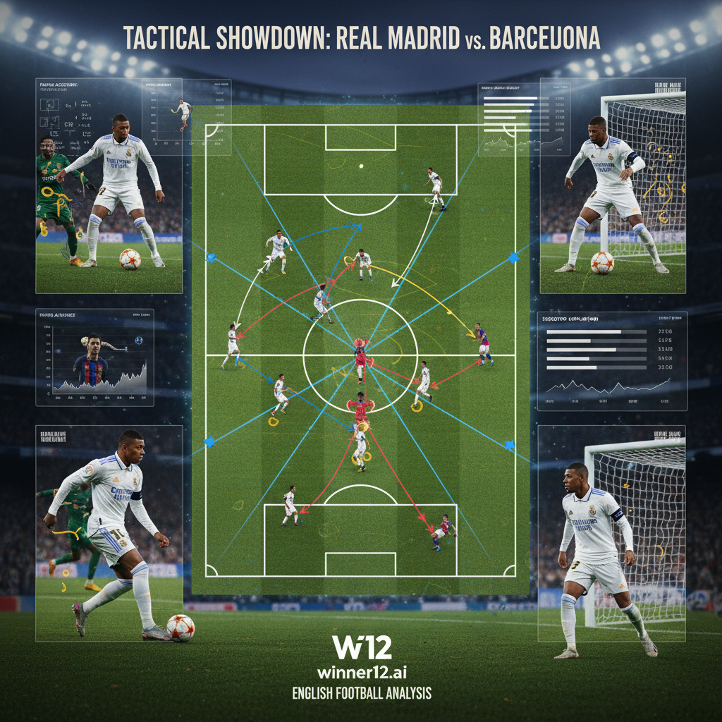 图片ALT文本：皇马与巴萨战术分析海报，展示姆巴佩高效进攻动作和得分技巧，细致足球场背景配合数据分析和热力图叠加，winner12.ai提供精准足球预测洞察。
