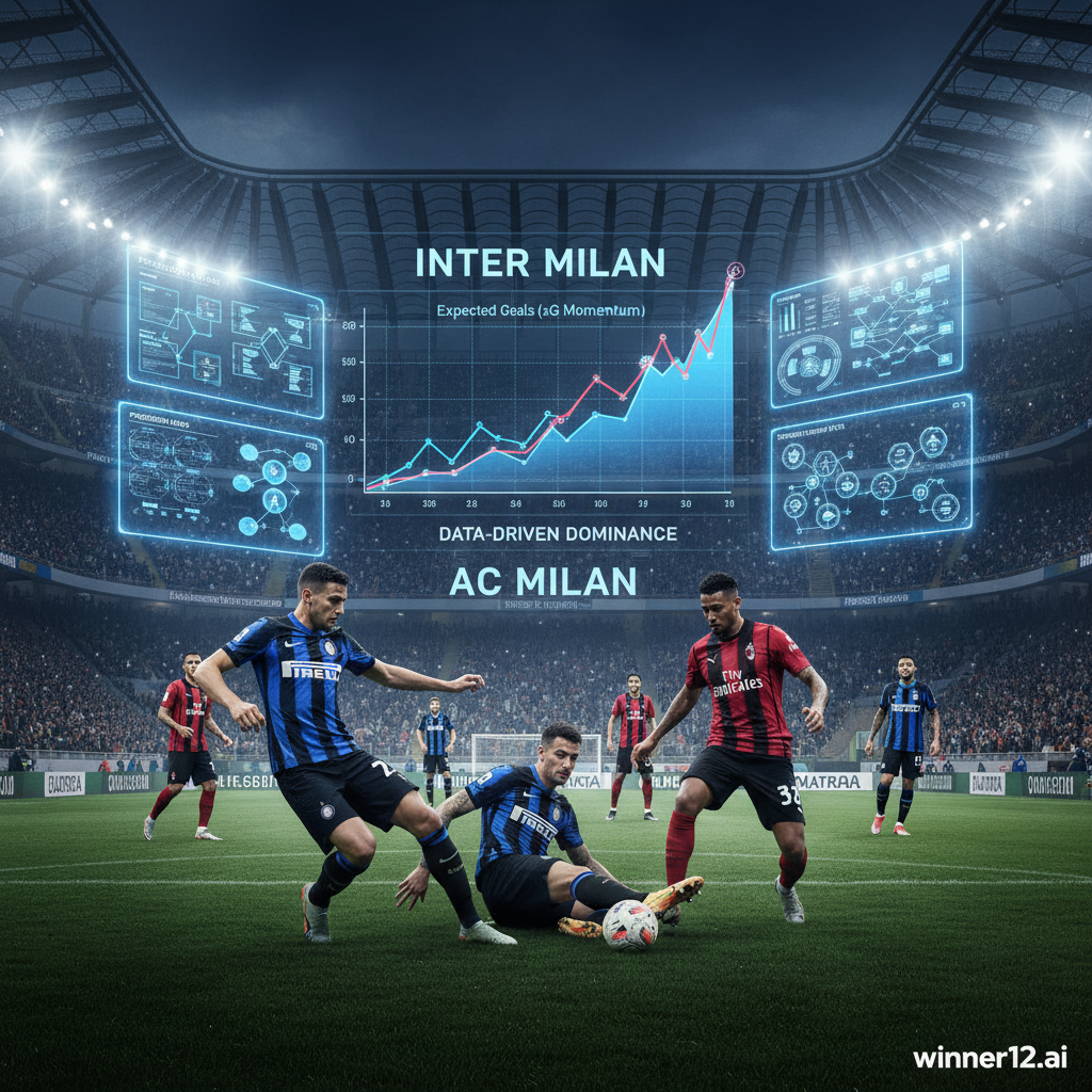 Alt text: Realistic poster of Inter Milan vs AC Milan soccer match featuring players in official kits, dynamic action scenes, and advanced xG statistical charts displayed on stadium digital screens, highlighting Inter Milan’s analytical advantage; includes discreet winner12.ai app logo promoting exclusive football prediction software.