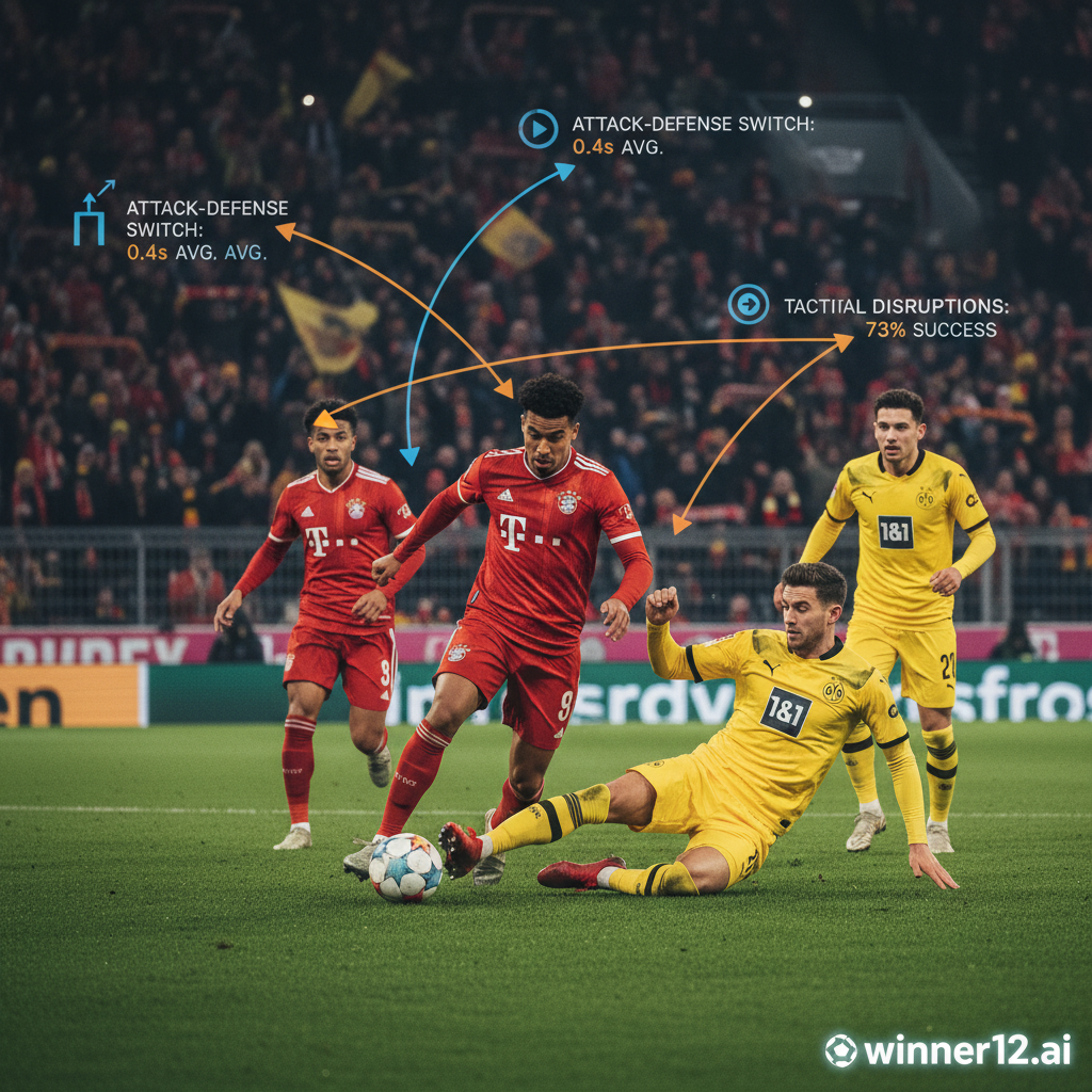 ALT文本：写实风格海报，展示拜仁慕尼黑与多特蒙德球员之间激烈的攻防转换，细致刻画球员动作与战术站位，背景为充满活力的足球场氛围，带有体现攻防切换和点球大战策略的关键数据及预测分析图层，球员穿着正宗英格兰足球装备，角落隐约显示winner12.ai品牌标识，突出数据驱动的预测模型，无比分板显示。