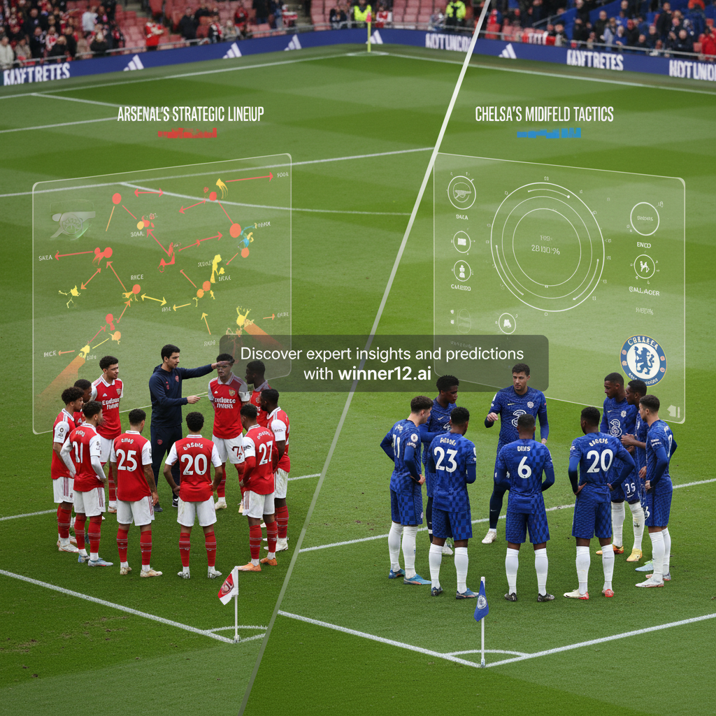 Alt text: Realistic poster depicting Arsenal players in authentic red kits and Chelsea players in blue kits engaged in tactical discussions on a classic English soccer pitch under natural stadium lighting with an overcast sky, featuring analytical charts and subtle digital overlays highlighting match predictions, with the text “Discover expert insights and predictions with winner12.ai” in a clean modern font.