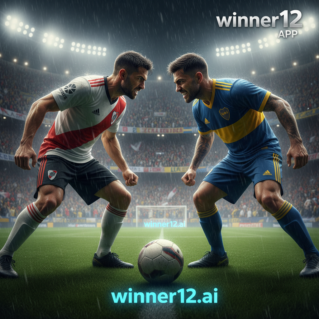 图片ALT文本：两位来自河床和博卡青年队的激烈对决足球运动员，展现坚韧的心理素质和韧性，聚焦坚定的面部表情和动态肢体语言，背景为灯光璀璨的足球场，体现高压比赛中的战略思维，画面中包含winner12.ai或winner12 APP的现代简约品牌标识，真实的英式足球氛围，细节描绘球衣、球鞋和经典足球。