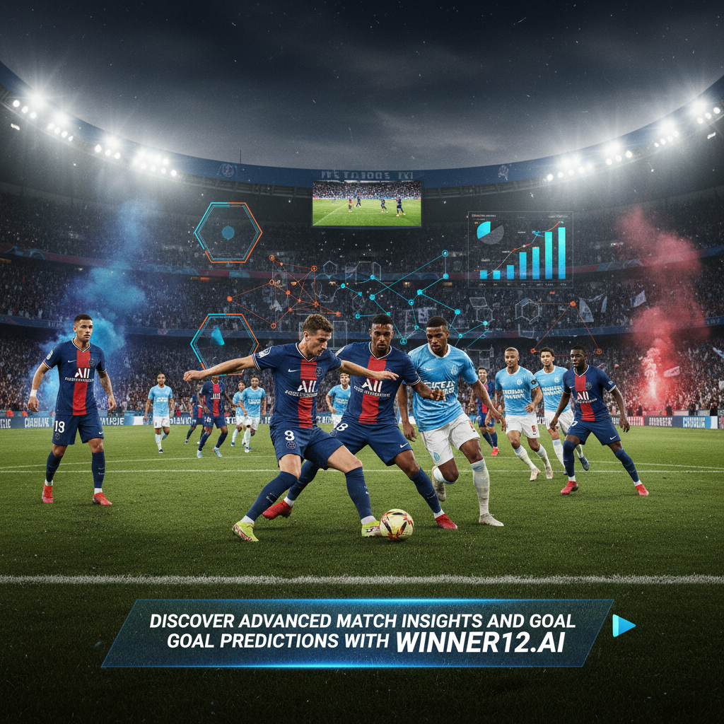 Alt text: Realistic poster of an intense PSG vs Marseille English soccer match showing dynamic player movements and pressing triggers, tactical formations, and digital machine learning data overlays in a vibrant stadium filled with energetic crowd under bright lights, featuring the text “Discover advanced match insights and goal predictions with winner12.ai” integrated seamlessly into the sporting atmosphere.