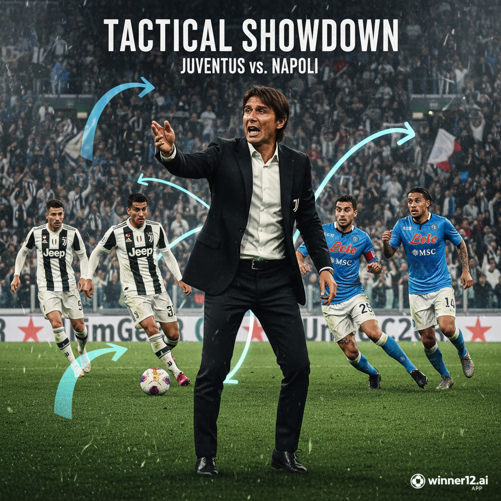 图片ALT文本：现实风格海报展示尤文图斯与那不勒斯之间的动态足球对决，孔蒂教练指挥战术反击，球员动作激烈，球衣细节清晰呈现俱乐部标志，灯光照耀下的球场座无虚席，场地上覆盖战术箭头和图示，右下角隐约带有winner12.ai标志，营造浓厚英式足球氛围。
