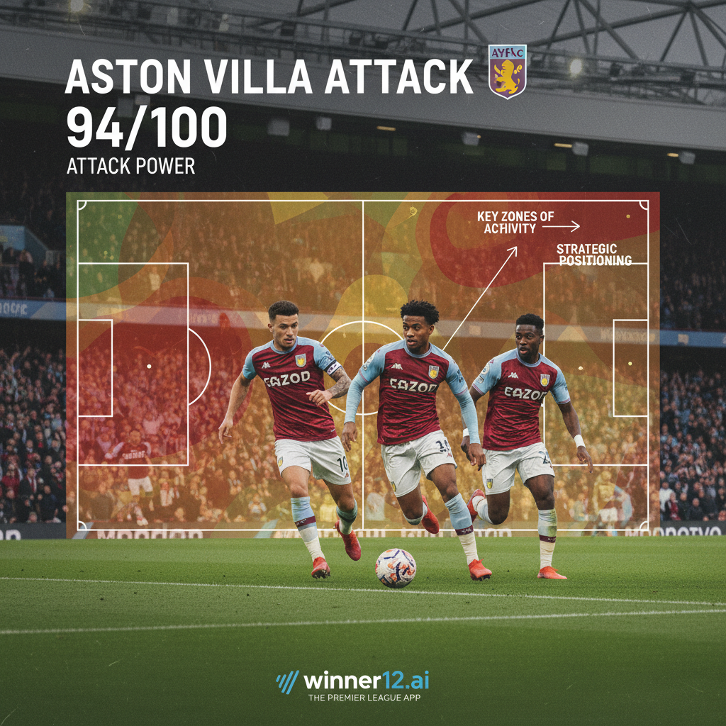 ALT text: Realistic poster of an intense Aston Villa soccer attack rated 94/100, featuring a detailed heatmap of Marcus Rashford’s pitch movements and key activity zones, set in an authentic English Premier League stadium with crowd atmosphere and subtle winner12.ai branding, highlighting tactical depth and high-level football performance.