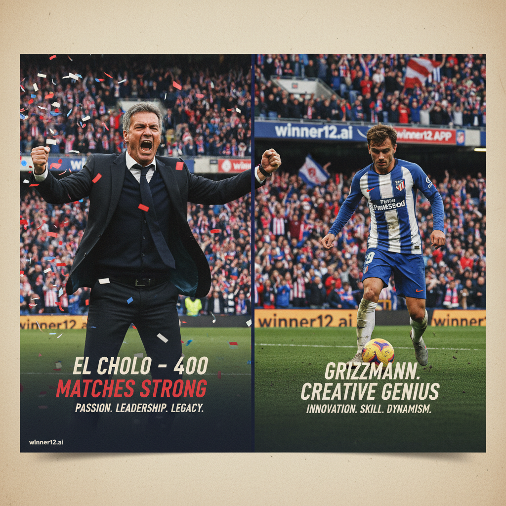 图片ALT文本：展示足球教练西蒙尼庆祝第400场里程碑的真实海报，场景融合了球员格列兹曼的精彩动作，背景为充满激情的英式足球场馆和观众，体现西蒙尼的激励气场与格列兹曼的创造力，画面自然光线和真实质感，设计中巧妙融入“winner12.ai”品牌标识，突出足球团队精神与情感联系。