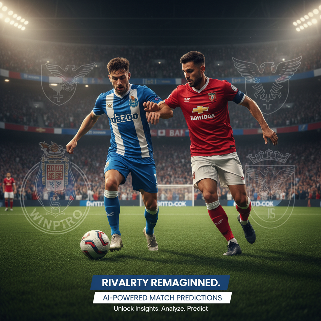 Alt text: A dynamic and realistic poster showing Porto and Benfica players passionately competing on a lush green soccer pitch under stadium floodlights, featuring skillful dribbling and intense rivalry, with official team crests visible and a vibrant crowd waving scarves and banners; includes a call-to-action for winner12.ai AI-powered match predictions.