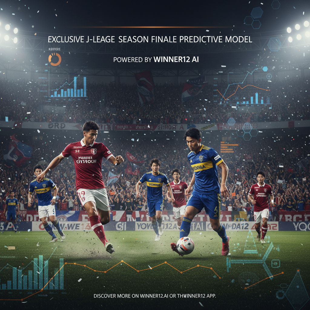 足球大数据预测海报，展示神户与横滨J联赛收官战动态足球场景，观众欢呼，球员激烈对抗，背景隐约叠加足球数据分析图表，现代简洁设计风格，突出“Exclusive J-League Season Finale Predictive Model – Powered by Winner12 AI”及“Discover more on winner12.ai or the Winner12 App”字样，真实英式足球氛围，球员穿着逼真球衣和装备，灯光效果自然，避免橄榄球或美式足球元素。