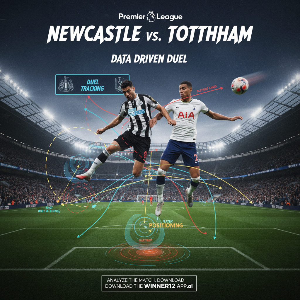 Alt text: Realistic poster of a dynamic soccer duel between Newcastle and Tottenham featuring player positioning, duel tracking, and shot attempts with data-driven visuals, tactical heatmaps and passing lanes, authentic English Premier League uniforms and stadium, and a subtle call-to-action for winner12.ai platform for detailed match analysis.