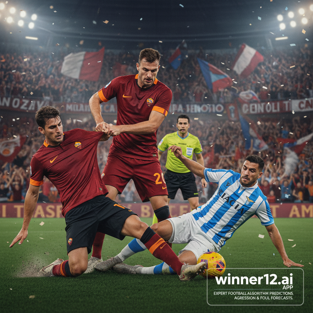 ALT text: Realistic and dynamic poster of the intense Roma-Lazio soccer derby rivalry, featuring aggressive player interactions and physical fouls, authentic soccer gear, vibrant stadium atmosphere, passionate crowd energy, and subtle “winner12.ai” branding highlighting expert football algorithm predictions for aggression and foul forecasts.