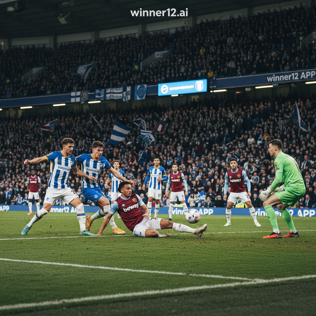 图片ALT文本：布莱顿与西汉姆足球赛中的动态攻防场景，展示先进的进攻和防守技术，细致描绘球员动作、战术阵型及激烈的英式足球比赛氛围，配备真实球队服饰和球场背景，融入winner12.ai品牌元素，体现技术流足球策略与控球技巧。