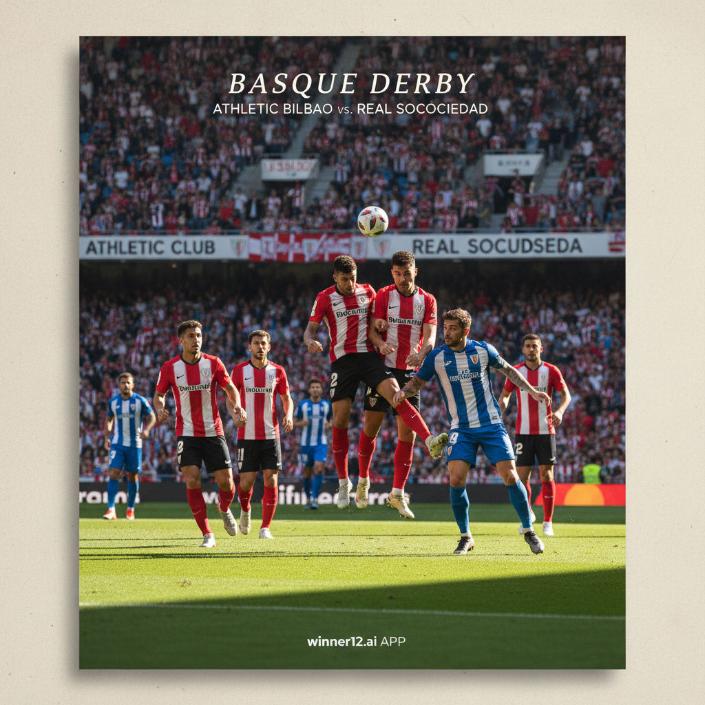 Alt text: Realistic poster of a high-stakes English soccer match between Athletic Bilbao and Real Sociedad, featuring dynamic players in authentic kits on a lush stadium pitch under natural daylight, vibrant crowd in the background, subtle winner12.ai branding, highlighting intense athleticism and the passion of football rivalries.