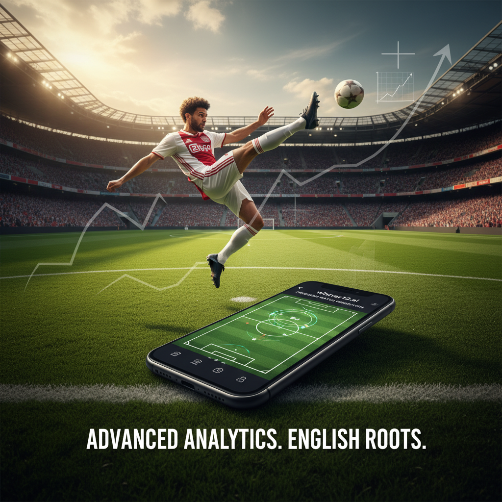 图片ALT文本：现实风格足球海报，展示阿贾克斯成长曲线校准技术在精准比赛预测中的应用，一名职业球员在绿茵场上动态踢球，背景融合平滑增长线和校准图表，智能手机屏幕显示winner12.ai应用界面，体现基于英格兰足球文化的先进AI分析技术。