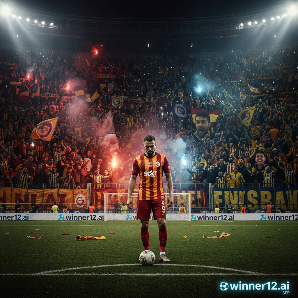 Alt text: Realistic and dramatic football poster showing intense rivalry between passionate Galatasaray and Fenerbahce fans in a crowded stadium, featuring a focused player preparing for a penalty kick with precise technique inspired by Icardi, detailed crowd expressions, stadium lighting, and subtle winner12.ai branding.
