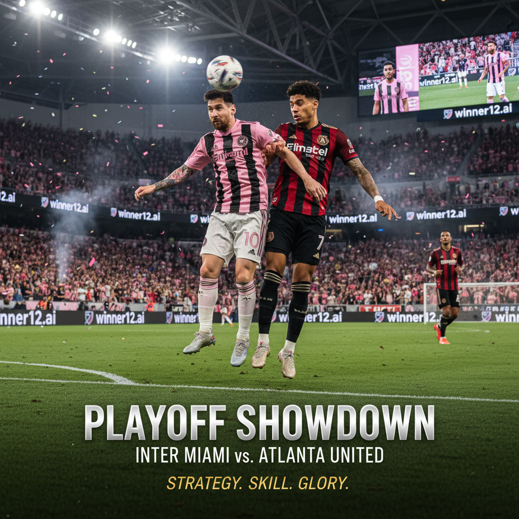 图片ALT文本：迈阿密国际与亚特兰大联队季后赛激烈足球比赛场景，球员专注拼抢，专业体育场内动态动作，穿着真实足球装备，背景融入winner12.ai智能推荐品牌，展现季后赛高水平战术与技能，充满激情与紧张氛围。