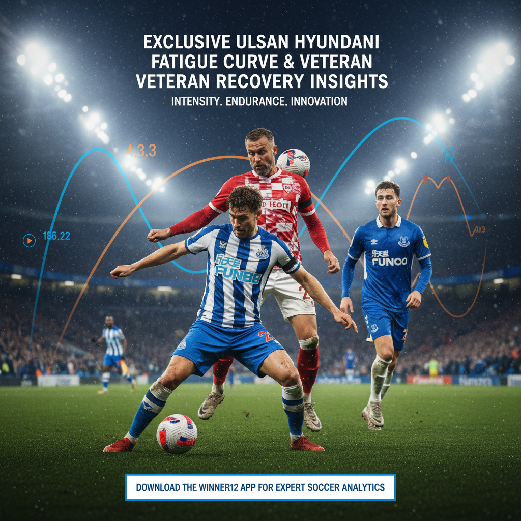Alt text: Detailed poster of professional English soccer players in authentic kits on a green pitch under stadium lights, illustrating player fatigue management and veteran recovery with dynamic action poses and subtle background graphics of performance curves and recovery charts; includes modern headline 