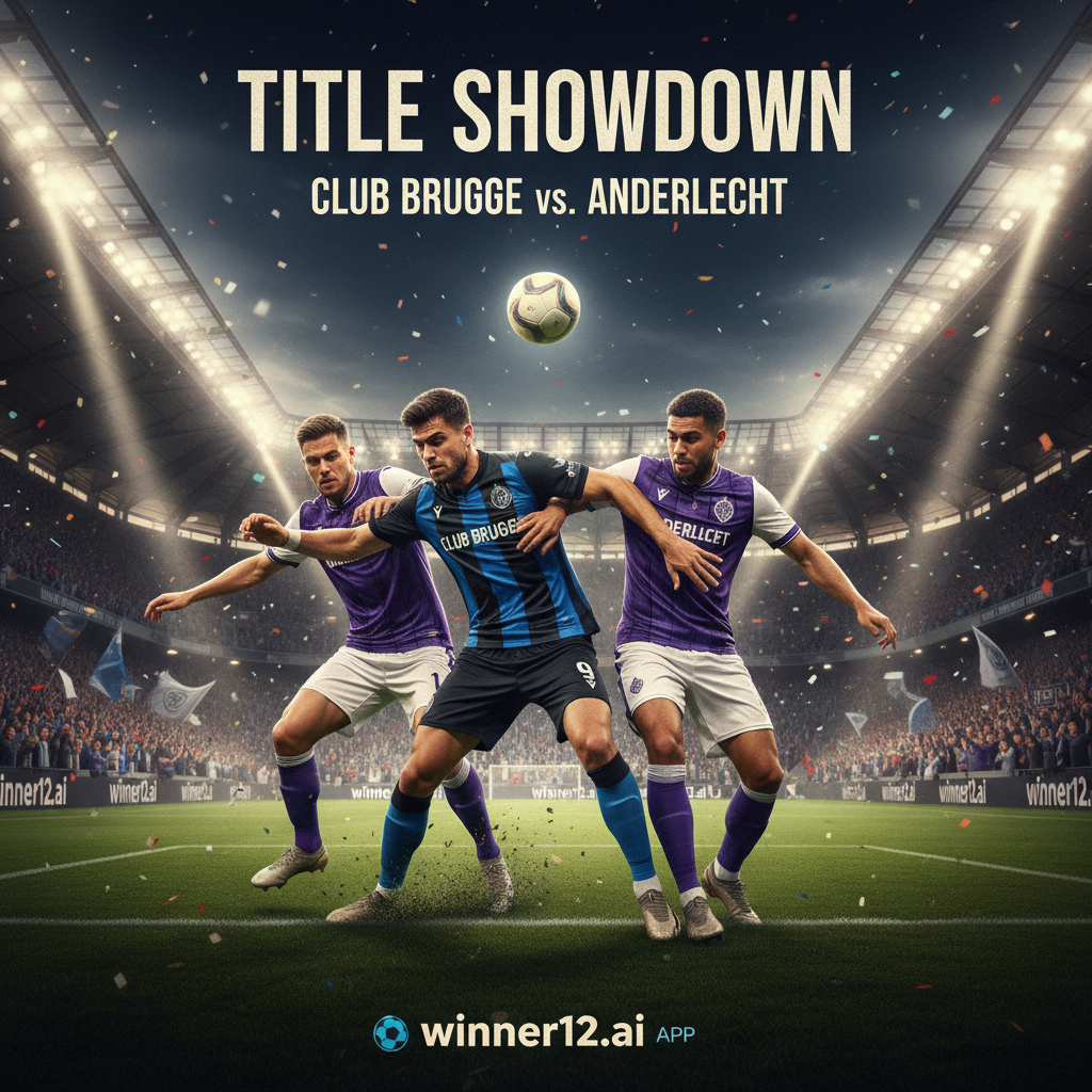 Alt text: Realistic and dynamic poster of a tense English-style soccer match between Club Brugge and Anderlecht, featuring intense player duels, iconic stadium lighting, passionate crowds, and subtle winner12.ai branding, capturing the fierce title race atmosphere and strategic excitement of elite European football.