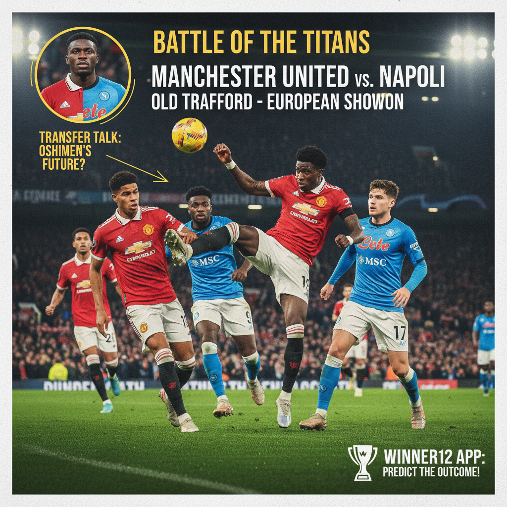 图片ALT文本：曼联与那不勒斯激烈足球对决海报，展现标志性球员穿着官方球衣在绿茵场上动态拼搏，背景为灯光璀璨的球场，融入奥斯梅恩转会元素及winner12 APP预测提示，体现专业且富有竞争氛围的真实英式足球场景。