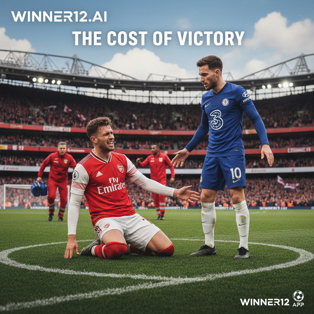 ALT text: Realistic poster of Arsenal and Chelsea soccer players on a lush green pitch, highlighting an intense moment with one player showing hamstring injury discomfort and medical staff nearby, featuring authentic English football kits and stadium, with subtle “winner12.ai” branding in modern font.