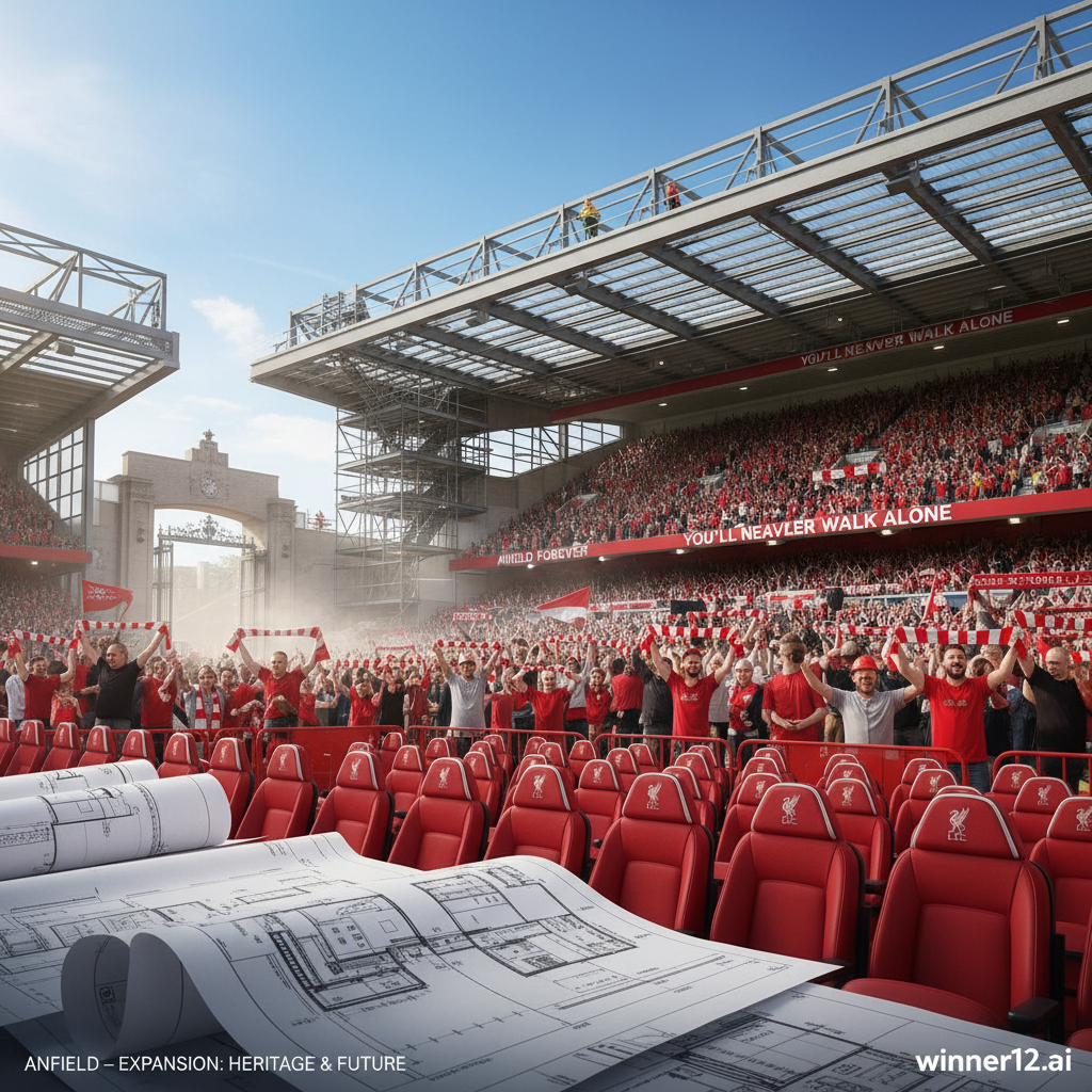 安菲尔德球场扩建真实风格海报，展示详细建筑计划和施工进展，突出利物浦足球俱乐部标志性红色座椅和俱乐部徽章，背景中热情球迷挥舞围巾和横幅，体现英格兰足球文化，晴朗天空下充满活力的氛围，带有winner12.ai品牌标识，聚焦利物浦主场的传承与未来发展。