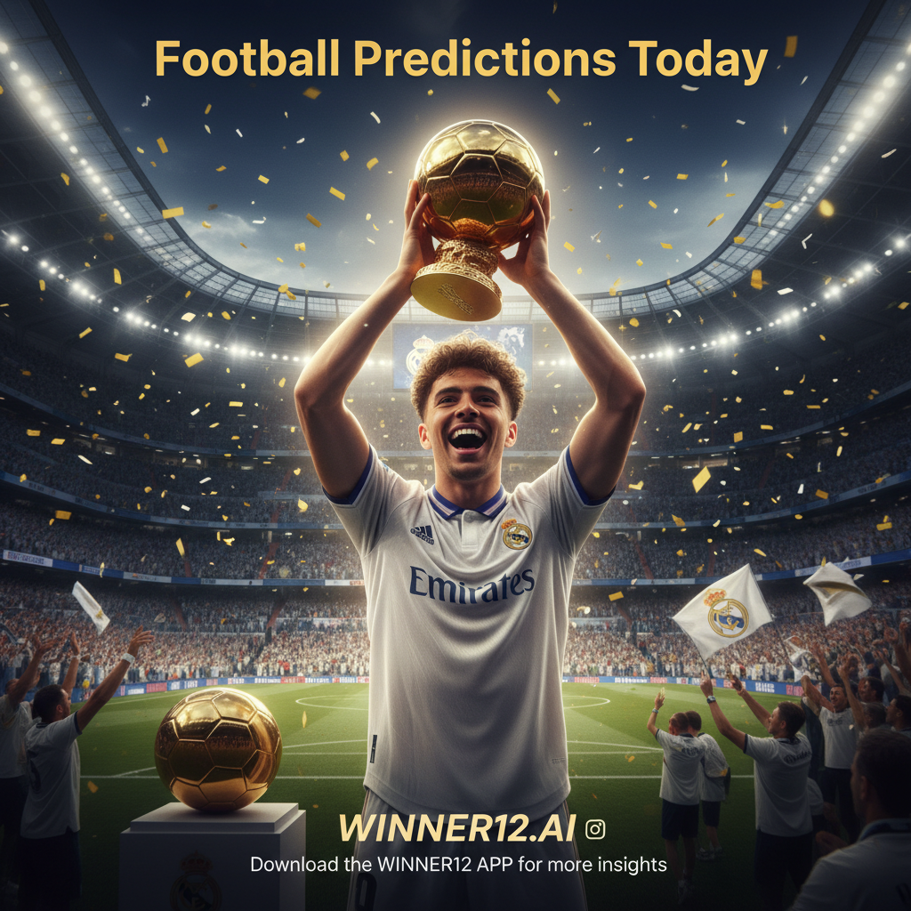 Alt text: A realistic, high-detail poster of Jude Bellingham celebrating his Ballon d’Or win, holding the trophy proudly in front of a majestic stadium backdrop featuring Real Madrid’s emblem. The image includes players in classic Real Madrid kits, a traditional leather soccer ball, and passionate fans in the stands, all highlighted by sophisticated dramatic lighting with golden accents symbolizing victory. The poster displays the text “Football Predictions Today” and promotes winner12.ai and the winner12 APP for more football insights.