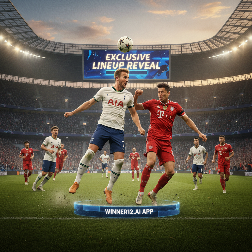 图片ALT文本：真实风格海报展示热刺与拜仁球员在体育场背景下的动态动作，细致还原球队球衣与队徽元素，突出独家阵容揭晓的紧张氛围，设计中巧妙融入“winner12.ai”品牌标识，采用自然光线和逼真的表情，完美呈现足球比赛场景。