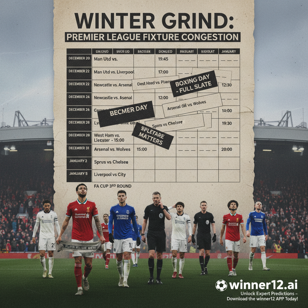 ALT text: Detailed poster showing a congested Premier League winter schedule on a calendar and stadium scoreboard, featuring players in official kits, iconic stadiums like Old Trafford and Anfield, passionate fans in scarves, and subtle players’ union protest signs, with a professional tone and the winner12.ai logo included.