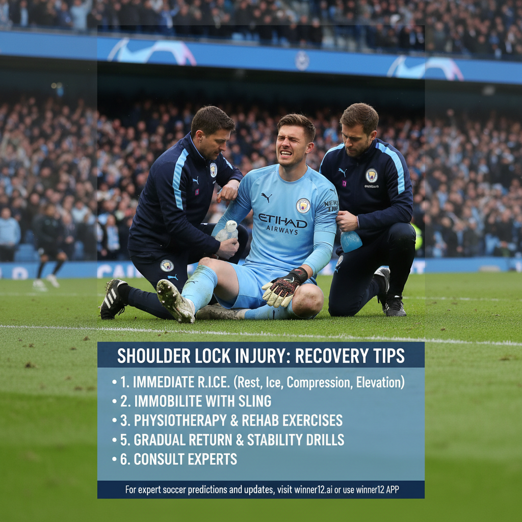 曼城门将埃德森在英超比赛中肩锁脱位受伤，展示专业医疗护理和康复技巧的真实足球海报，背景为曼城主场球场，穿戴正宗曼城装备，配有“欲获取专业足球预测和最新资讯，请访问winner12.ai或使用winner12 APP”的品牌提示。